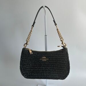 Coach Teri Shoulder Bag Black Woven Straw Crossbody Handbag CB117